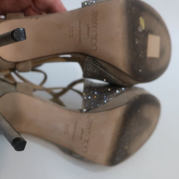 Authentic Jimmy Choo Taupe Bedazzled Suede Ankle Strap Zip Heels 38.5 US/8.5 - Picture 12 of 16